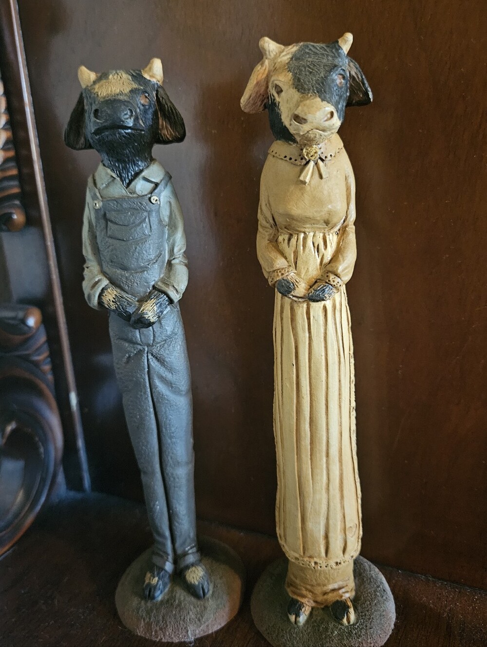 Vintage 1993 Signed Shari Folk Art Cow Figurines Pair - Hand Painted Gothic